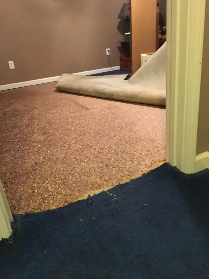Carpet pad removal revealing water damage during Drying & Dehumidification in Raton